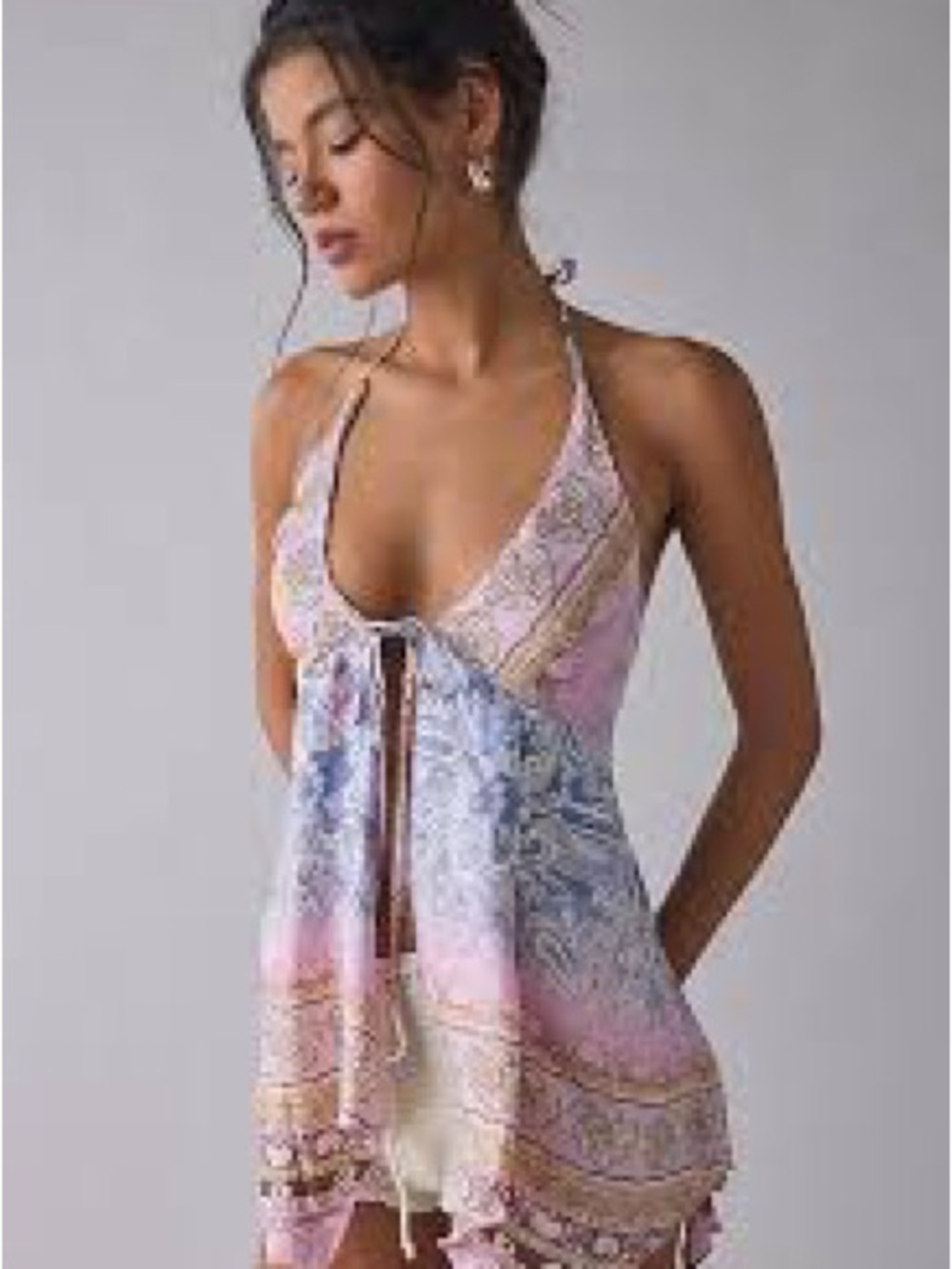 Pink Rose Pink and Blue Printed Halter Swim Coverup